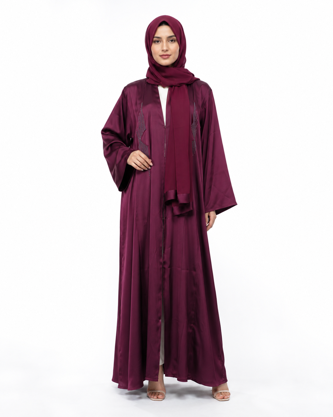 Wine Satin Front Open Abaya